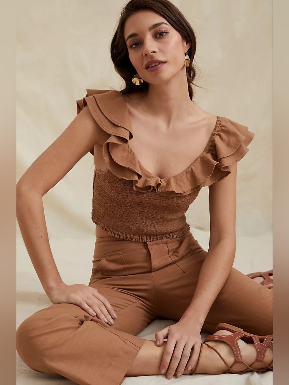 NWT Maeve Ruffled Smocked Top, Tan, Size 6